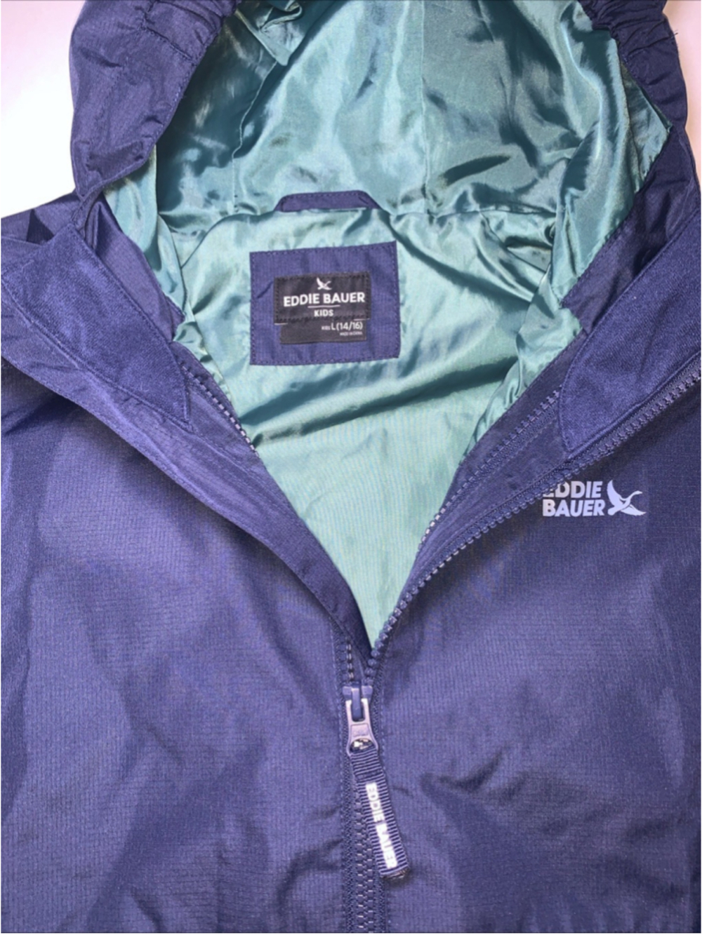Eddie Bauer Kids Hooded Windbreaker Jacket Navy Blue, Green Inside Size L 14/16 - Picture 3 of 16